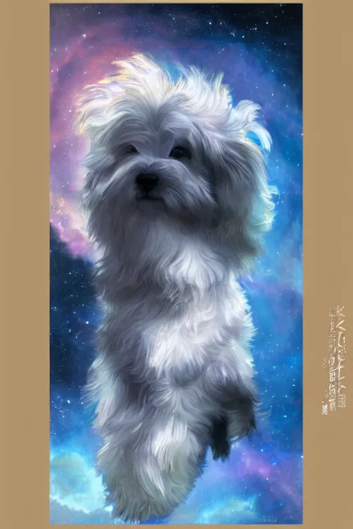 Prompt: a cream-colored Havanese dog in a beautiful nebula, water color, art by artgerm and greg rutkowski and alphonse mucha and jin xiaodi and anthony devine