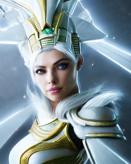 Image similar to perfect white haired attractive egyptian goddess, warframe armor, pharaoh headdress, beautiful, symmetric, dreamy, half asian, pretty face, green eyes, charlize theron, detailed, scifi platform, laboratory, experiment, 4 k, ultra realistic, epic lighting, android body, illuminated, cinematic, masterpiece, art by akihito tsukushi, voidstar