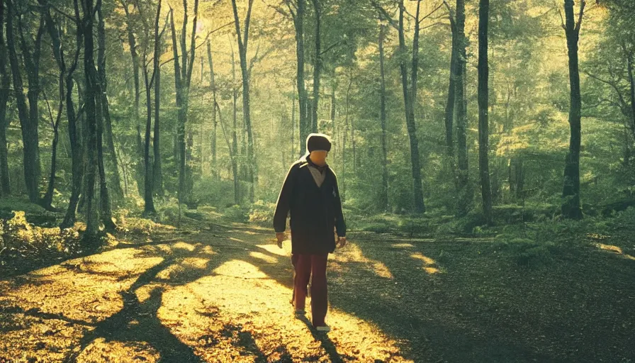 Image similar to 1 9 9 0 s candid 3 5 mm photo of a beautiful forest in tokyo, cinematic lighting, cinematic look, golden hour, the clouds are epic and colorful with cinematic rays of light, a man walks down the center of the forest with a beanie on, photographed by petra collins, uhd
