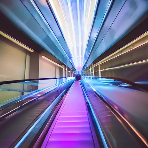 Prompt: approaching futuristic helical escalator inside white back glossy lit tube with streaming beams of light, building anticipation, scintillating, movement, pastel gradients, 8 k, highly detailed, professional photograph, epic composition, modern details