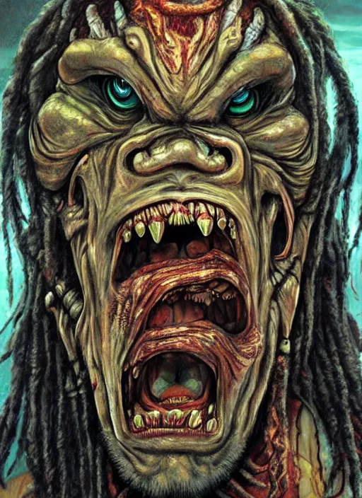 Image similar to a grotesque cyborg demon with dreadlocks telling a joke, airbrush art, shamanic horror lsd art, by basuki abdullah