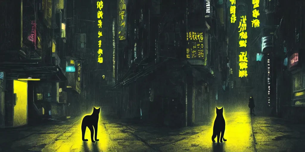 Image similar to a big black cat standing on the back paws and wearing yellow raincoat, cat is standing in the dark corner of a small badly lit street of a cyberpunk city