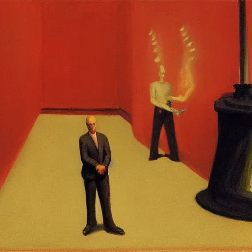 Prompt: devil boss in hell, oil painting by edward hopper