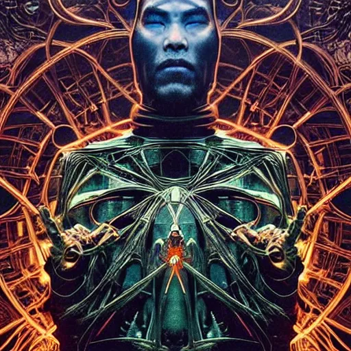 Image similar to symmetric frame of dr doom from Prometheus movie, from doctor strange by beksinski, cyborg dr doom mecha by guo pei and alexander mcqueen metal couture editorial, eldritch epic monumental wallpaper by beksinski by Yuko Shimizu