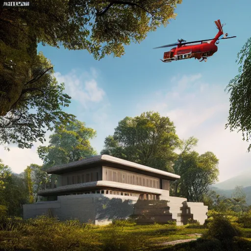 Prompt: modernist house inspired by tibetan palace, built with atrium in the middle, on a hill surrounded by big trees, dramatic lighting, artstation, realistic rendering, unreal engine, octane render, raphael lacoste, simon stalenhag, frank lloyd wright, helicopter view