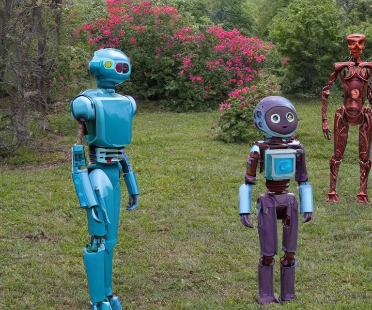 Image similar to 70mm film still from a sci fi blockbuster color movie made in 2019, set in 1860, of a human family standing in a park, next to some alien plants and flowers, their cute humanoid robot is standing next to them, on an alien planet, the family are all wearing 1850s era clothes, good lighting, good photography