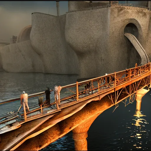 Prompt: a gigantic bridge over a pit filled with creatures, artistic render, ultrarealistic, 8 k.