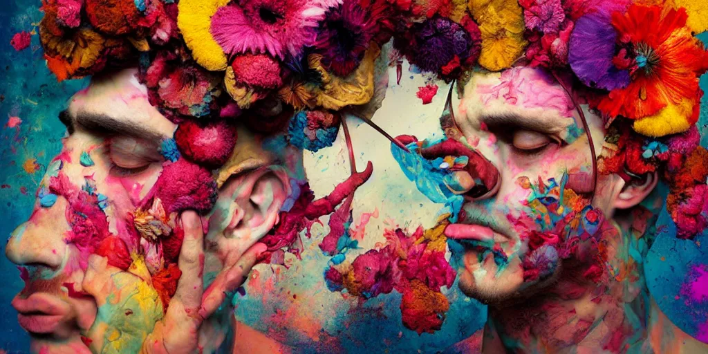 Prompt: an album cover of a man with a strange hat on his head by Alberto Seveso, behance contest winner, award winning, masterpiece, pop surrealism, made of flowers, surrealist-H 1024