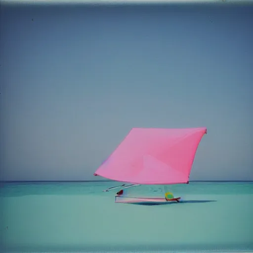 Prompt: a pastel colour high fidelity wide angle Polaroid art photo from a holiday album at a seaside of a large pink ship with abstract inflatable parachute furniture, all objects made of transparent iridescent Perspex and metallic silver, a grid of sun beds iridescence, nostalgic