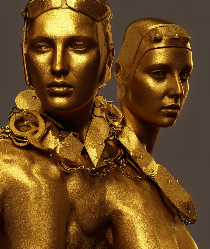 Prompt: a portrait of a stoic statue wearing a neck collar made of gold, cyberpunk, aesthetic, naturel, hyper detailed, digital sculpture, trending in artstation, cinematic lighting, studio quality, smooth render, unreal engine 5 rendered, octane rendered, art style by klimt and nixeu and ian sprigger and wlop and krenz cushart