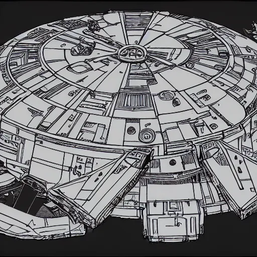 Prompt: technical blueprint of the millenium falcon (star wars), ultra detailed, 8k