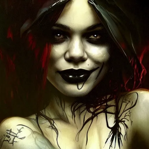 Image similar to beautiful portrait of vanessa hudgens as death from sandman, smiling, by cedric peyravernay, alphonse mucha, by jeremy mann, by lecouffe deharme, goth chic, soft lightning, eyeliner, punk rock, high detailed, 8 k