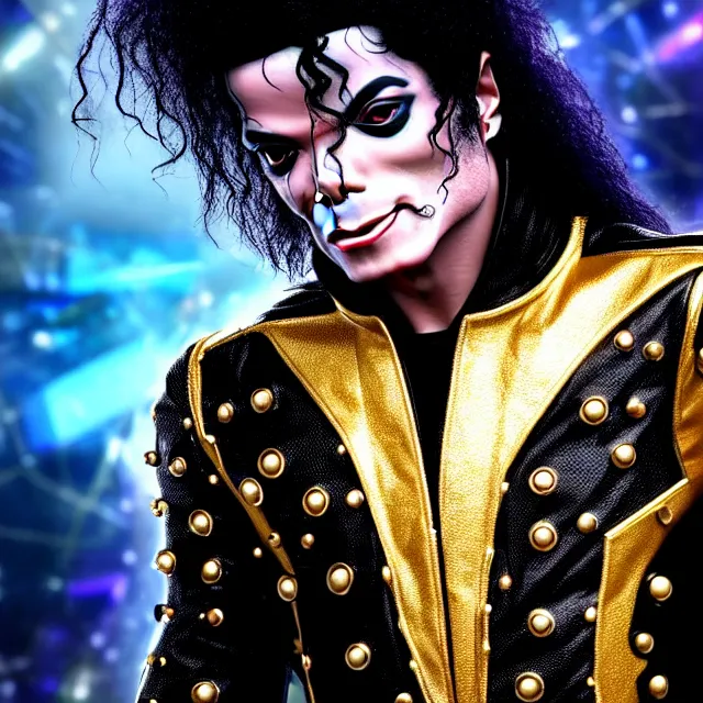 Prompt: beautiful!! futuristic cyberpunk michael jackson the devil. wearing super gem clothes, gold science fiction machinery, highly detailed 8 k hdr smooth sharp focus high resolution award - winning photo photorealistic