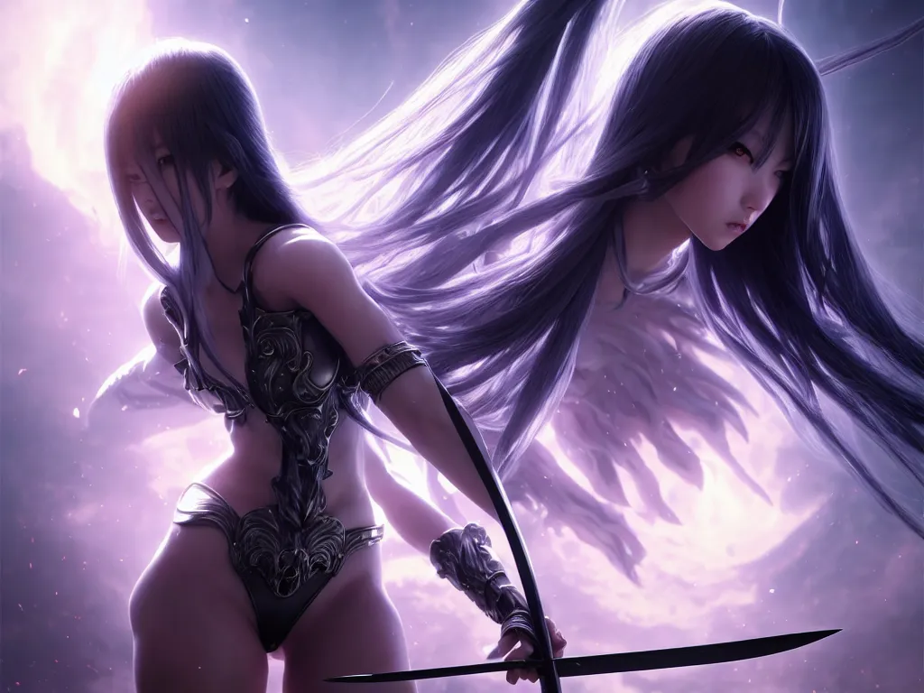 Prompt: extremely beautiful aesthetic ego sword in a shape of girl, black long hair, occlusion shadow, specular reflection, rim light, unreal engine, octane render, artgerm, artstation, art by hiroaki samura and jiro matsumoto and yusuke murata, high quality, highly detailed 8 k, fantasy illustration, beautiful shape of body