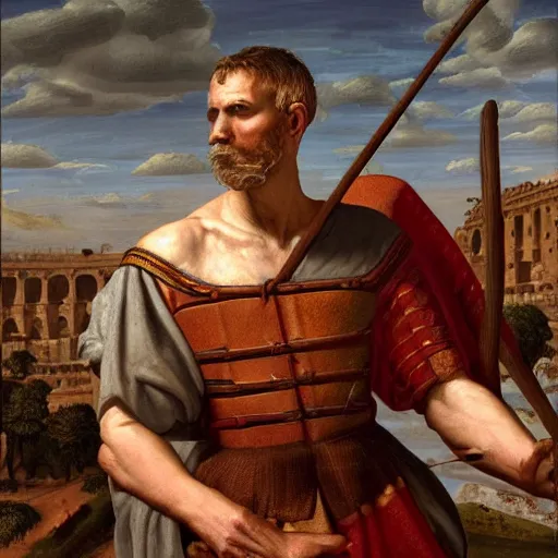 Image similar to Jerma985 in Ancient Rome, detailed, highly detailed, heroic, epic, complex, very detailed, realistic, HD quality, 8k resolution, body and headshot, Oil Painting, Italian Renaissance Painting of Jerma985, Italian Renaissance Painting Style, Renaissance Painting Style, Painting, Trending on Artstation