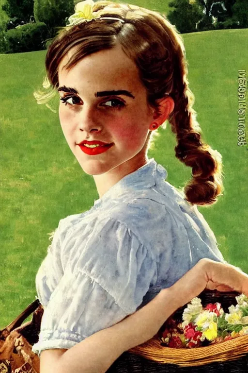 Prompt: photo photorealistic portrait photograph Emma Watson picnic in the green lawn 1950s portrait by Norman Rockwell