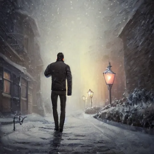 Prompt: by alexander trufanov by artgerm by simon stalenhag snow - covered man from back pacing lowering head to empty narrow alley with street lamps in park with pines to the horizon, dressed in short leather bomber jacket, with hands in pockets, snowfall at night, mullet long haircut, black hairs, cinematic, dramatic, detailed, realistic, movie shot, low lighting
