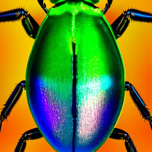 Prompt: color photoelectron microscope view of a colorful iridescent bug