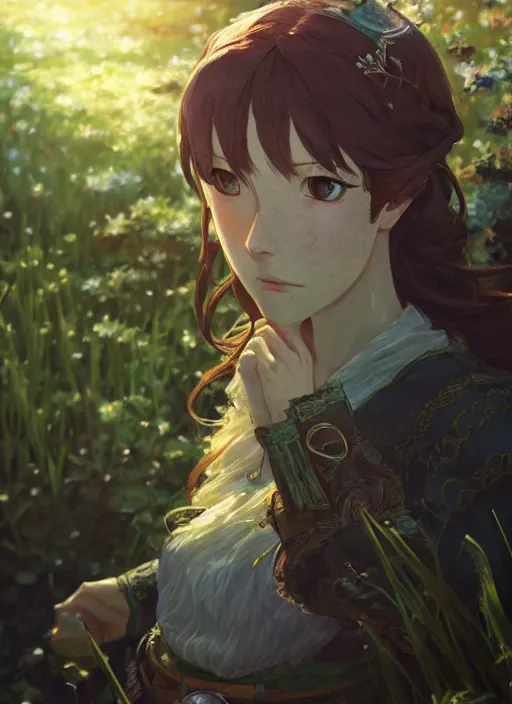 Image similar to a portrait of the emerald herald in the garden, fine details, intricate, tone mapped, ambient lighting, highly detailed, digital painting, concept art, sharp focus, by makoto shinkai and akihiko yoshida and hidari and wlop