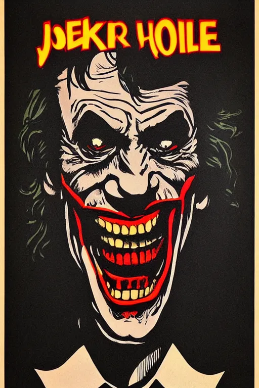 Prompt: John Noble as the Joker on a 1970s horror movie poster , vintage 70s print, detailed, scary, horror, screen print, trending on artstation