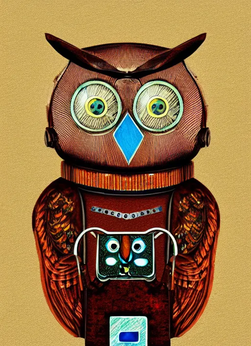 Prompt: colored pencil and pen drawing of an animatronic robot owl, bird made from rusty old keys and padlocks, space background, 8 k photorender realityengine