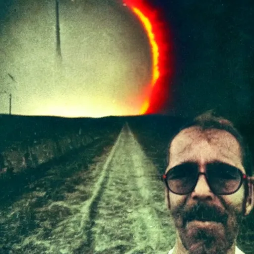 Prompt: last human selfie, horror color photo selfie, nuclear explosion in background