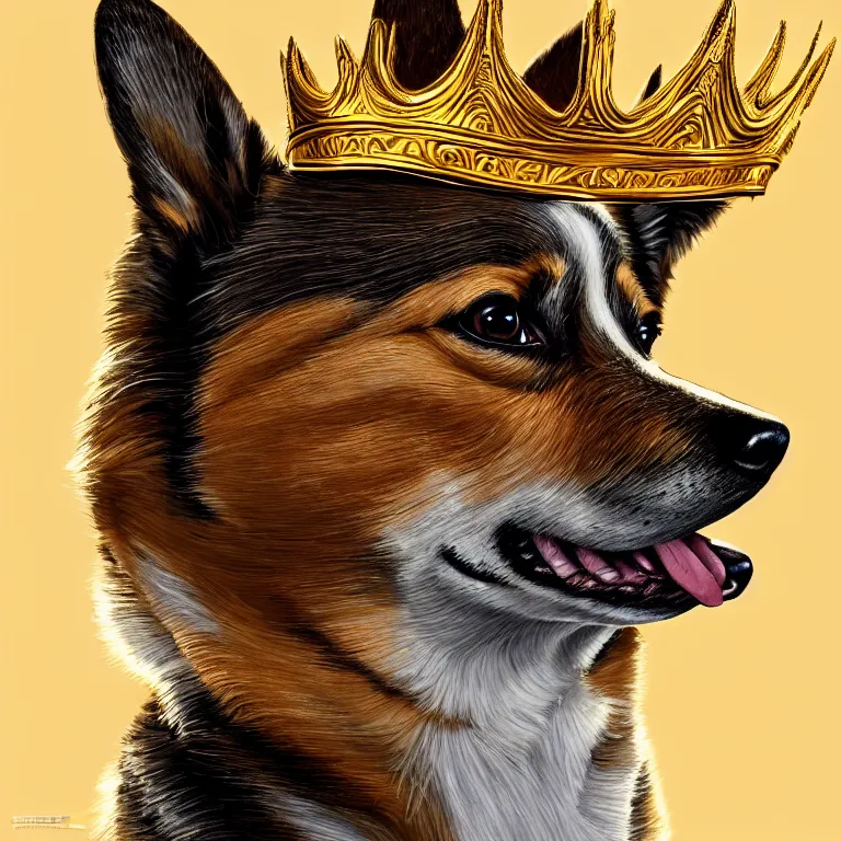 Image similar to highly detailed illustration of a portrait of a derpy corgi wearing a glinting golden crown, artstation, cinematic lighting, hyperdetailed, cgsociety, 8k, high resolution, art by artgerm, insanely detailed and intricate