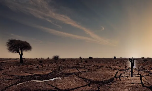 Prompt: medium shot of a nondescript crying ancient dried up Danu, peaceful, facing the camera and standing in front of a dried up river in a desolate land, dead trees, blue sky, hot and sunny, highly-detailed, elegant, dramatic lighting, artstation, 4k, cinematic landscape, photograph by Elisabeth Gadd, Zdzislaw Beksinski