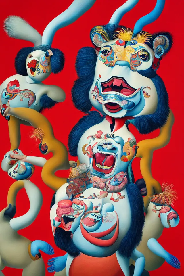 Prompt: painting animal puppet head banging groove is in the heart, we're going to dance and have some fun, painted by james jean and fernando botero