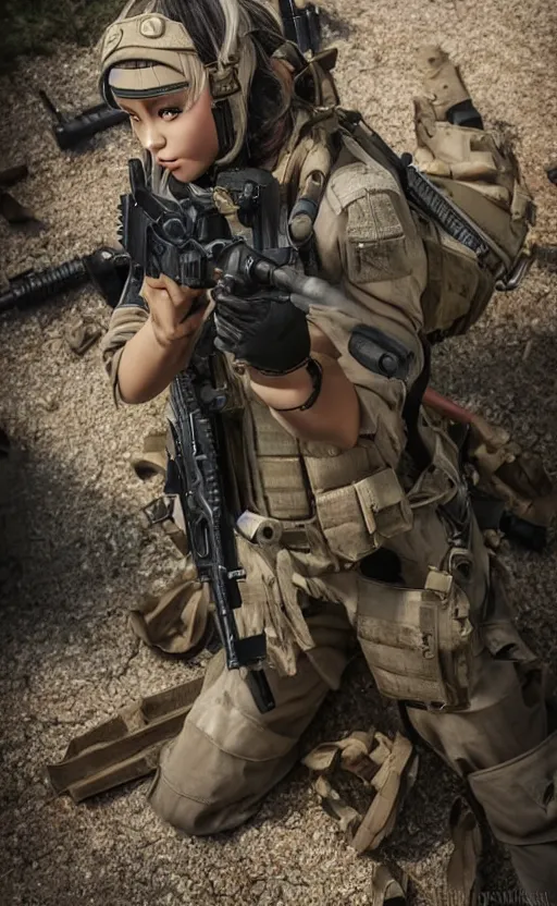 Prompt: an escalating violent firefight, highly detailed, high resolution, cosplay photo, stunning, girls frontline style, bokeh soft, 100mm, trending on instagram, by professional photographer, realistic human anatomy, real human faces, realistic military carrier, modern warfare, maid outfit, realistic weapon, shot with a arriflex 35 ii, low saturation, small human eyes, running pose