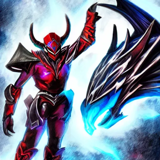Image similar to High Fantasy Dragon Kamen Rider, blue armor with red secondary color, 4k, glowing eyes, daytime, chainmail under armor, rubber suit, dragon inspired armor