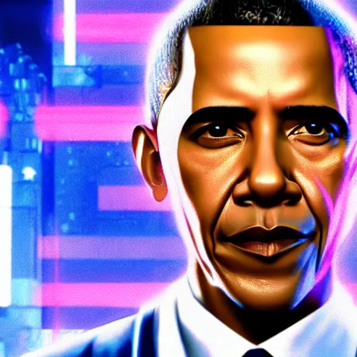 Image similar to barack obama as a cyborg in cyberpunk 2 0 7 7, technological, movie footage, high - tech, still frame