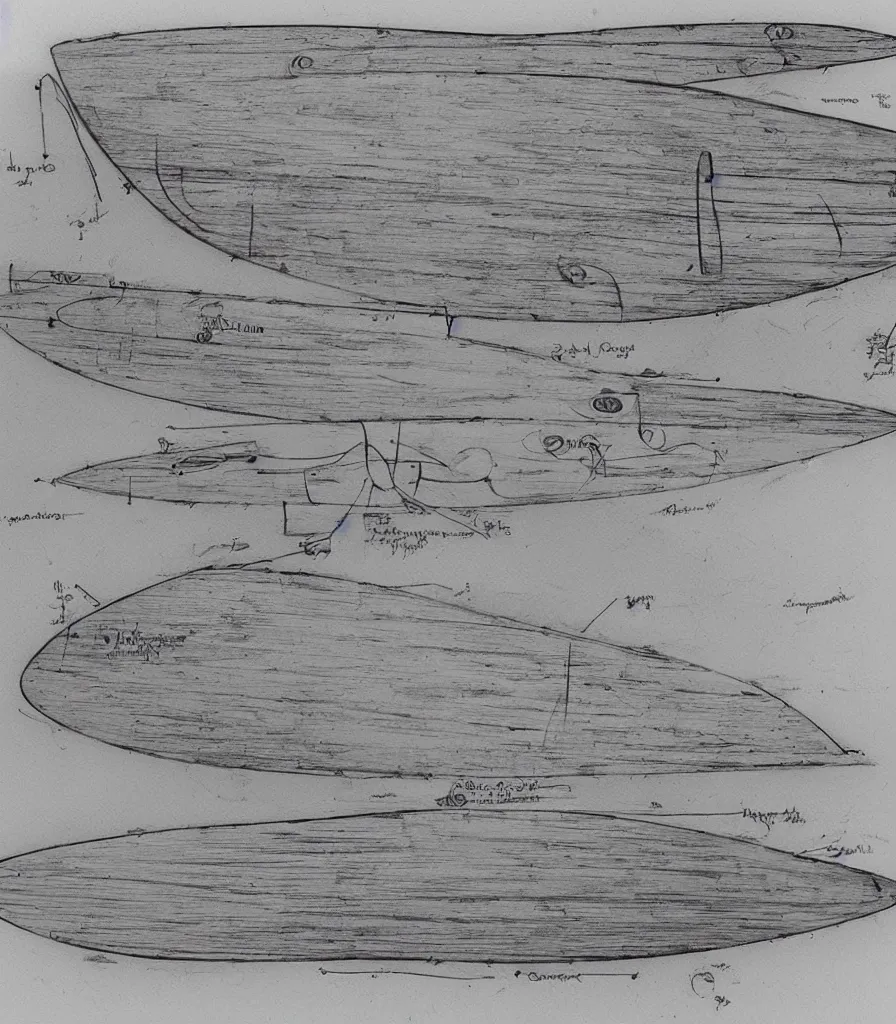 Prompt: blueprint sketch of a beautiful surfboard painted by leonardo da vinci, technical sketch, high detail, charocal drawing, firewire gofish, pukas surfboards, channel island surfboards