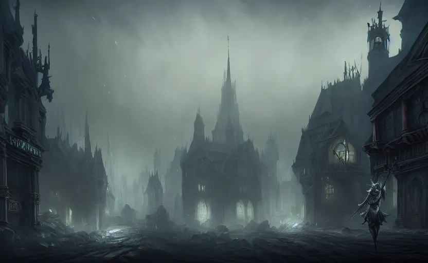 Image similar to extreme long shot concept art depicted old english majestic town, dramatic mood, overcast mood, dark fantasy environment, detailpunk, art inspired by league of legends and arcane, style by paulus decker, jason engle, jordan grimmer, trending on artstation, unreal engine, golden ratio, spectacular composition, realistic architecture