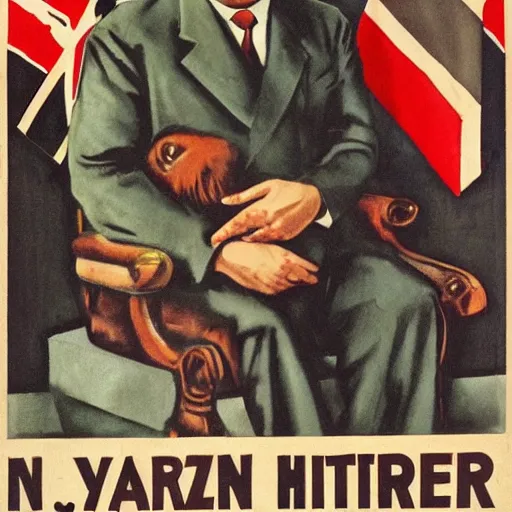Prompt: hungarian prime minister viktor orban sits on hitler's lap, nazi germany propaganda poster art 1 9 4 4, highly detailed, colored