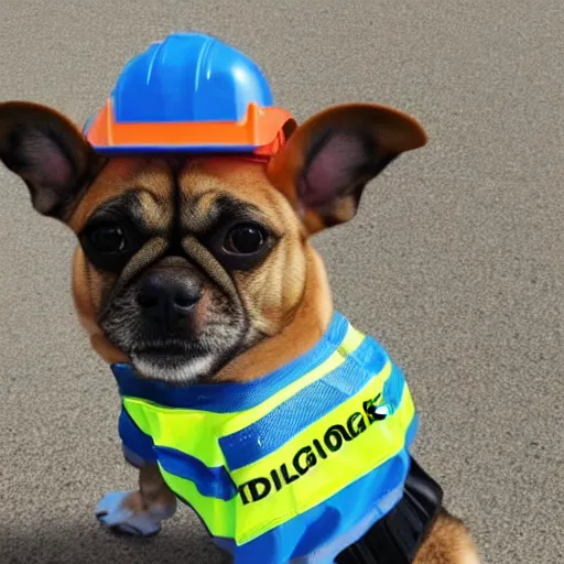 Image similar to a dog wearing construction work outfit with tools