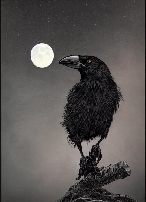 Image similar to portrait, A crow in front of the full big moon, book cover, red white and black colors, establishing shot, extremly high detail, foto realistic, cinematic lighting, pen and ink, intricate line drawings, by Yoshitaka Amano, Ruan Jia, Kentaro Miura, Artgerm, post processed, concept art, artstation, matte painting, style by eddie mendoza, raphael lacoste, alex ross