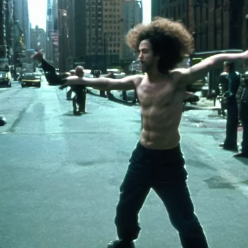 Image similar to zack de la rocha dancing in new york film still from fight club