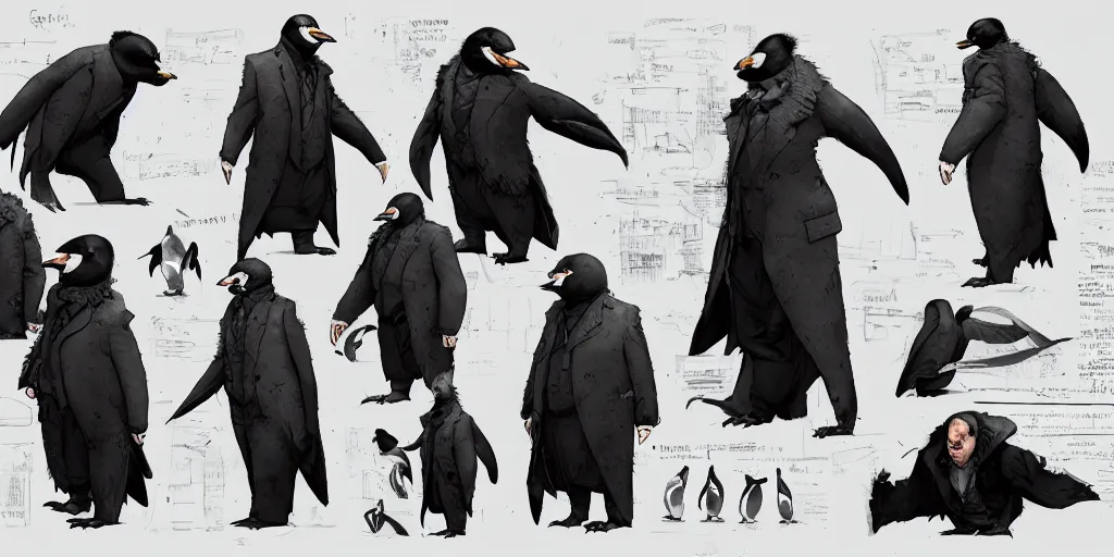 Image similar to the penguin cobblepot, character sheet, concept design, contrast, kim jung gi, greg rutkowski, zabrocki, karlkka, jayison devadas, trending on artstation, 8 k, ultra wide angle, pincushion lens effect