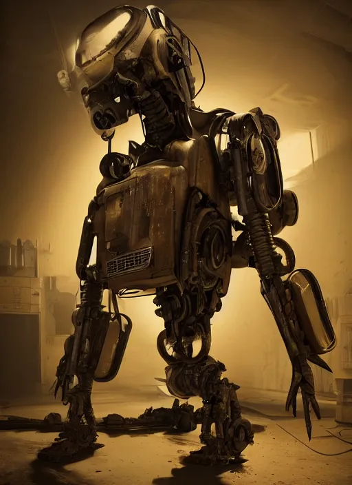 Image similar to a photorealistic dramatic hyperrealistic render of a futuristic exosuit power loader heavy machinery, ultra realistic details, glossy yellow, well worn, rust, oil stains by vitaly bulgarov and mike nash, beautiful dramatic dark moody tones and lighting, cinematic atmosphere, studio lighting, global illumination, shadows, dark background, octane render, 8 k