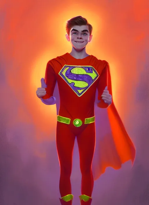 Image similar to kind teenage archie andrews wearing an orange superhero costume, freckles, superhero costume with heart emblem, cape, intricate, elegant, glowing lights, highly detailed, digital painting, artstation, sharp focus, illustration, art by wlop, mars ravelo and greg rutkowski