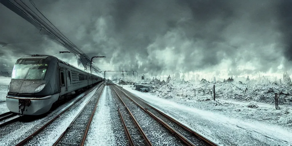 Image similar to a german ice train driving through a hellscape, speed, cinematic, apocalyptic, film still