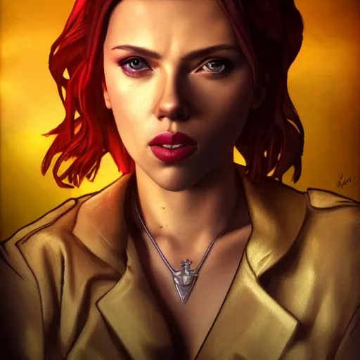 Image similar to scarlett johansson portrait, borderlands, tales from the borderlands, the wolf among us, comic, cinematic lighting, studio quality, 8 k