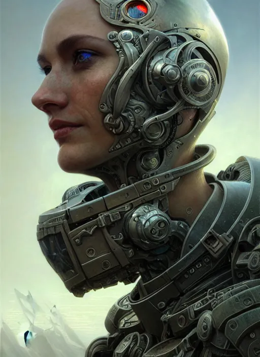 Image similar to closeup portrait shot of a cyborg soldier in a scenic dystopian environment, intricate, elegant, highly detailed, centered, digital painting, artstation, concept art, smooth, sharp focus, illustration, artgerm, tomasz alen kopera, peter mohrbacher, donato giancola, joseph christian leyendecker, wlop, boris vallejo