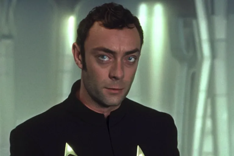 Image similar to A film still of Jude Law in a Star Trek: The Next Generation, sitting in Ten Forward, dramatic lighting