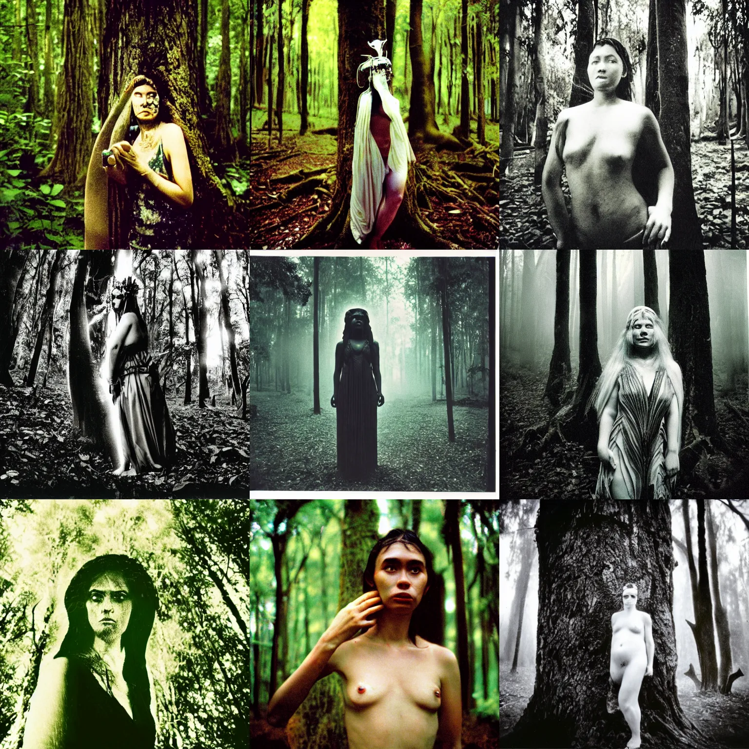 Prompt: close up portrait of a goddess of fate in a forest, by trent parke, overexposed, low quality film artifacts