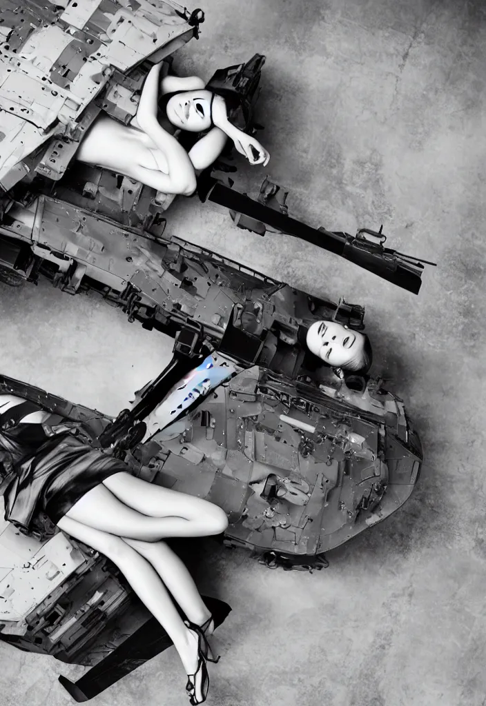 Prompt: gorgeous chinese model, elegant shiny reflective party dress, languishing lays down prone at the front of a military tank at dusk, fashion photography by steven meisel, geometric intervention, cubism