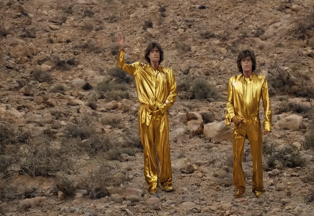 Image similar to mick jagger dressed in golden costume with jewels in a dry rocky desert landscape, with alien complex city beneath the sand and giant alien spaceship in the sky attacks the earth by christopher doyle and alejandro jodorowsky, anamorphic lens, kodakchrome, cinematic composition, masterpiece, 8 k