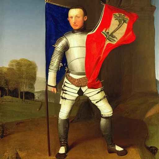 Prompt: portrait painting of a medieval knight holding a medieval british flag by George Stubbs, renaissance painting, oil painting, old master