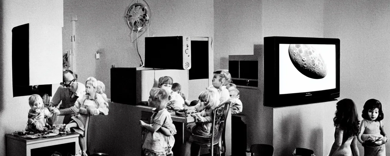 Prompt: a tv showing the moon landing while a family eats spaghetti, in the style of diane arbus, canon 5 0 mm, wes anderson film, kodachrome, retro